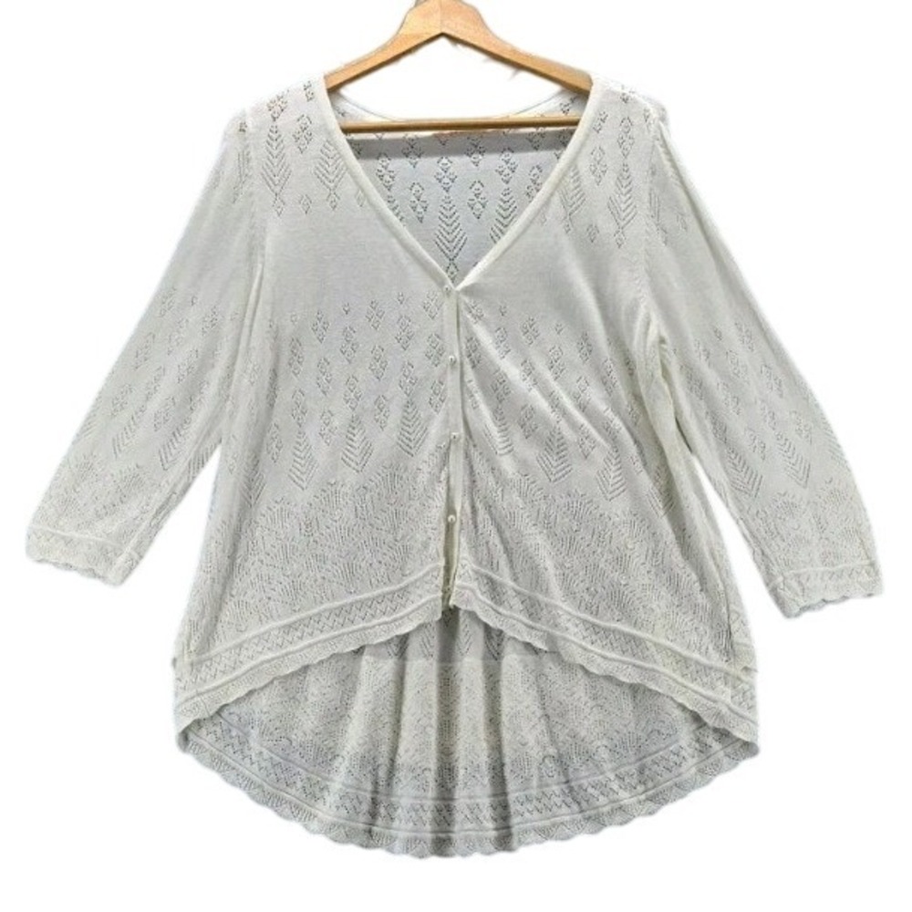 Soft Surroundings Lace Trim Button Front Cardigan Sweater M Ivory Boho Romantic
